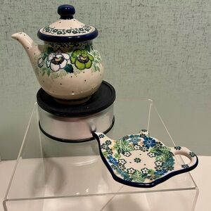 POLISH POTTERY MINI CREAMER AND TEABAG HOLDER GREEN FLORAL TEA FOR ONE BUNDLE